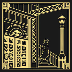 Art deco style depiction of a man walking down stairs near a building and a lamppost at night