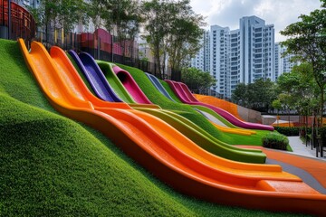 Colorful playground slides in urban park with modern apartment buildings