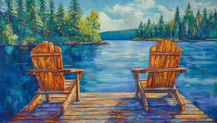 Lakeside Adirondack Chairs on Dock, Peaceful Forest Scene