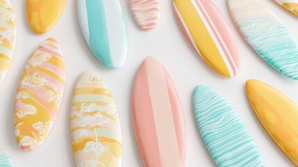 Colorful Patterned and Striped Surfboards with Bright Colors and Unique Designs.