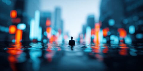ManStanding in Water Surrounded by Bright City Lights and Tall Skyscrapers at Night.