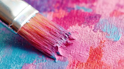 Fototapeta premium Close-up of a paintbrush applying pink and blue acrylic paint on textured canvas wall art.