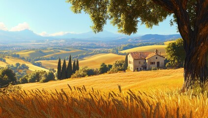 Italian Farmhouse, Golden Wheat Fields, Mountain View, Sunny Landscape