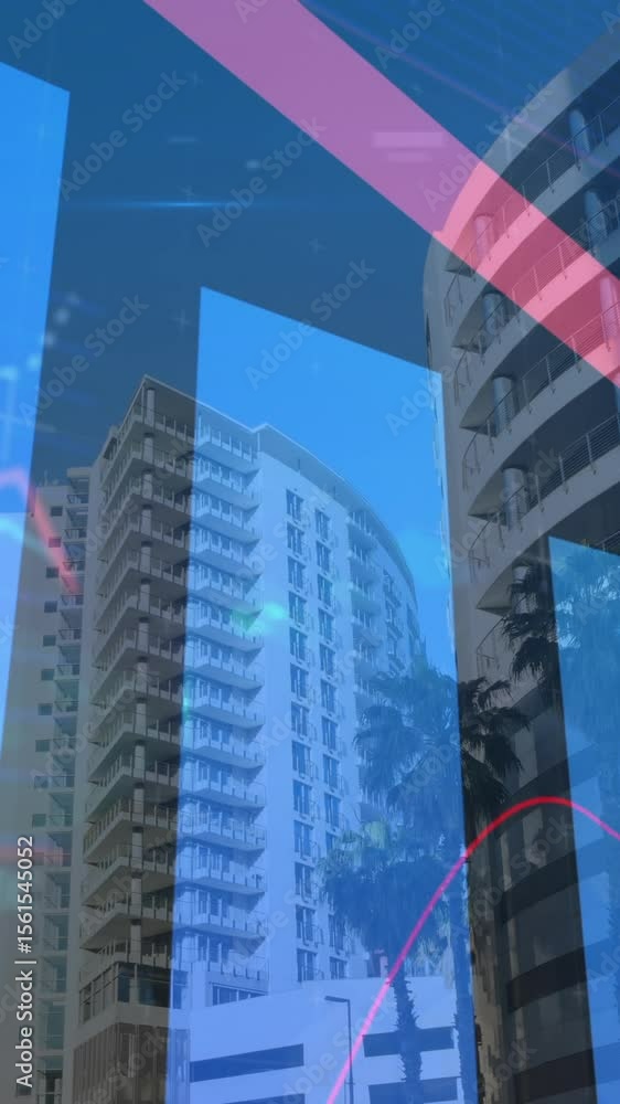 Poster animation of financial data and statistics processing with arrow over city background