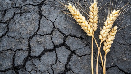 Dried wheat ears on cracked earth, drought imagery