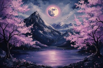 Pink Blossom Lake Mountain Moon
