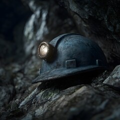 Mining helmet with light in dark cave underground exploration concept