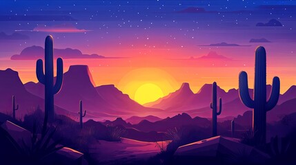 Sunset over the desert with cacti silhouetted.