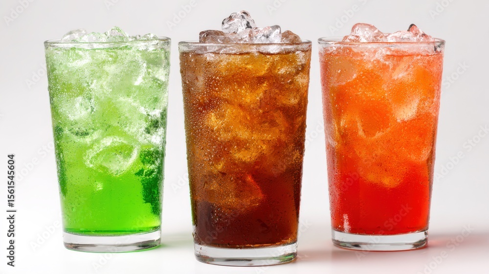 Poster three colorful fizzy soft drinks with ice cubes arranged in a row on white background.