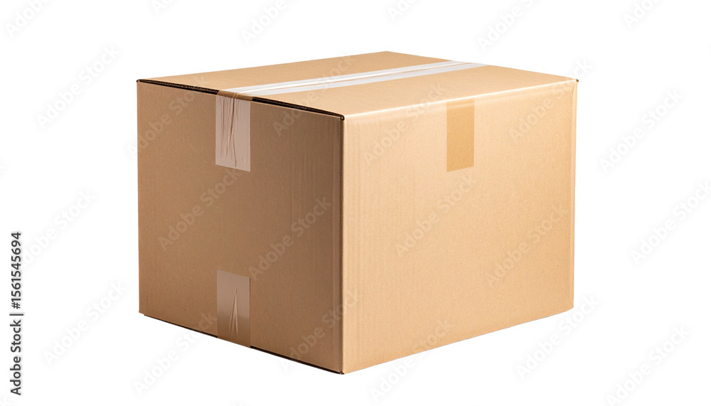 Poster a brown closed rectangular cardboard box with some packing tape isolated on transparent background, 