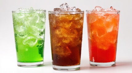 Three colorful fizzy soft drinks with ice cubes arranged in a row on white background.