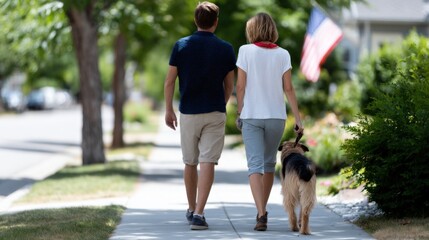 Carefree elderly couple walking together with their dog in a peaceful suburban neighborhood.
