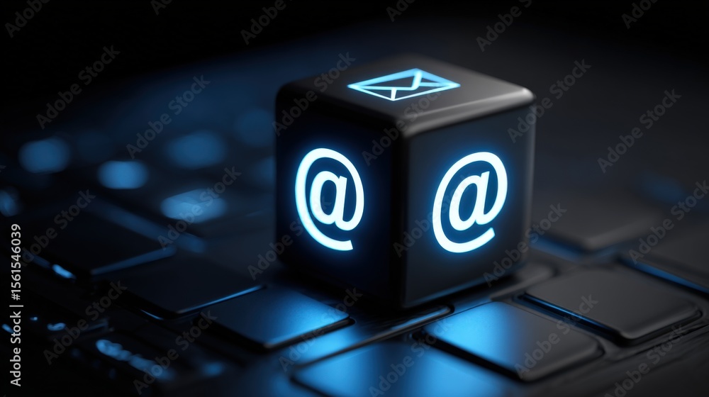 Poster glowing at symbol cube on keyboard representing digital communication and email concept.