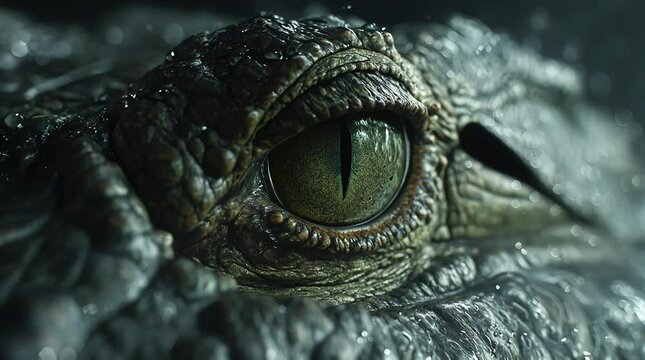 Close-up of crocodile left eye with wet textured skin