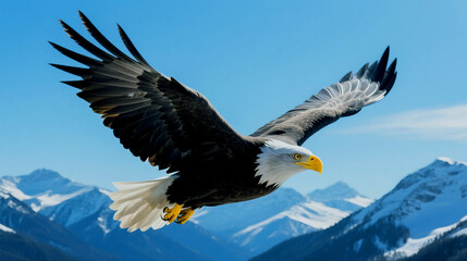 Majestic bald eagle soars above snow covered mountains in brilliant blue sky