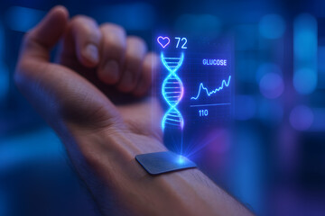 A human hand with an ultra-thin biosensor on the wrist. The gadget projects a hologram with health indicators: a pulsating DNA helix, a glucose graph.