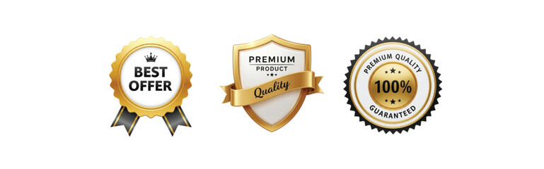 Set of Golden Premium Quality Badges, Featuring Best Offer, Shield with Quality Ribbon