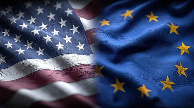 Close up of United States flag and European Union flag side by side symbolizing international cooperation.