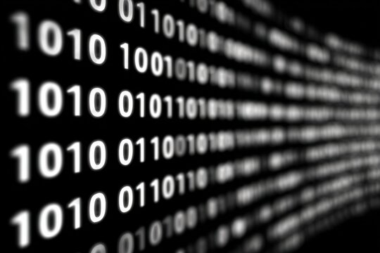 Close up of digital binary code on black background representing technology and data transfer. - Powered by Adobe