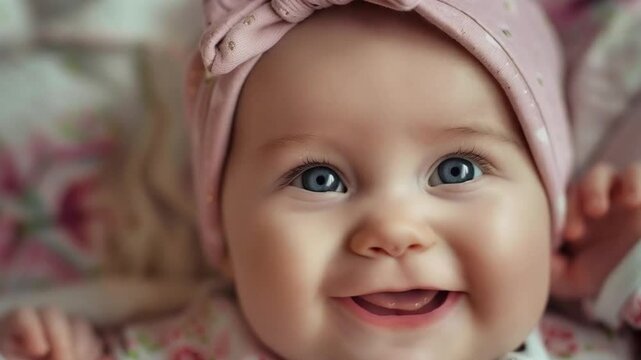 Close up of a baby with blue eyes wearing a pink headband and a floral patterned shirt smiling sweetly