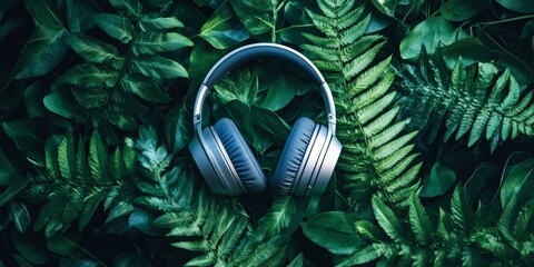 Headphones Resting on Lush Green Leaves (1)
