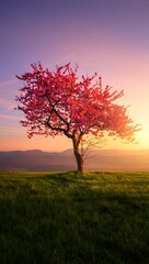 Obraz premium Serene Pink Blossom Tree at Sunset, Idyllic Spring Landscape, Peaceful Meadow