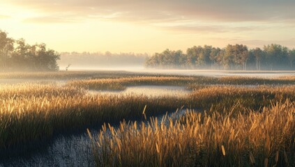 Misty Sunrise Marsh Landscape
