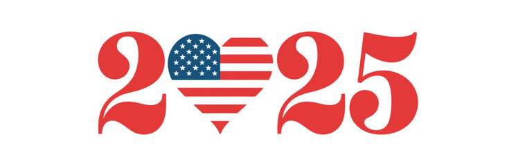 2025 typography with american flag heart symbol representing patriotic spirit, national pride, and usa independence day celebration