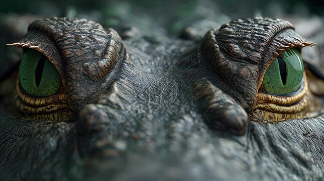 Crocodile face and eyes in vivid texture with detailed scales green eyes and sharp skin highlighted under directional lighting