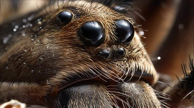 Extreme macro video close-up of a spider&rsquo;s hairy face showing multiple dark glossy eyes sharp facial hairs and intricate texture under dramatic natural light with shallow depth