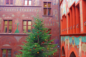 View of yard of the historic town hall with Christmas tree in the city center, Basel, Switzerland