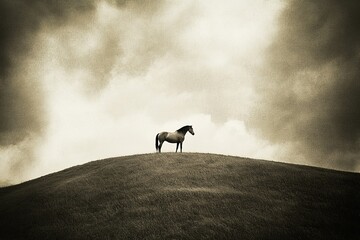 Solitude, horse, hilltop, dramatic sky, contemplation
