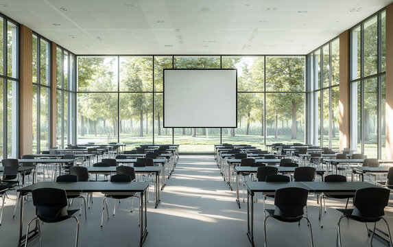 Empty classroom with projector screen and view of trees through large windows