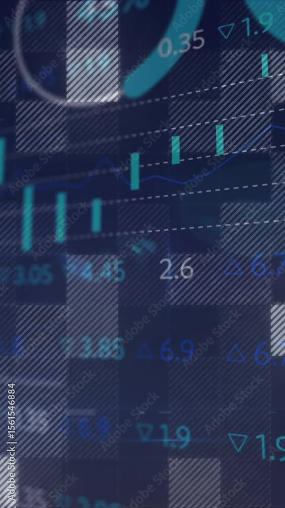 Poster animation of financial data processing over black background