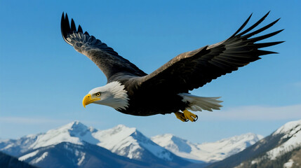 Obraz premium American bald eagle soars high above snowy mountain peaks