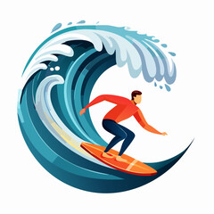 vector illustration of a surfer riding a giant wave, foam splash and curved shapes