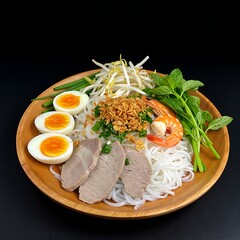  Vietnamese hủ tiếu nam vang with rice noodles, pork, shrimp, and quail eggs in a clear broth, garnished with fried garlic, arranged with fresh herbs like chives and cilantro on A Teak Wood Platter