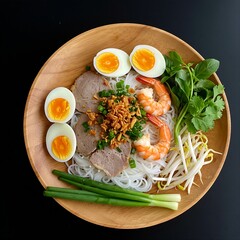  Vietnamese hủ tiếu nam vang with rice noodles, pork, shrimp, and quail eggs in a clear broth, garnished with fried garlic, arranged with fresh herbs like chives and cilantro on A Teak Wood Platter