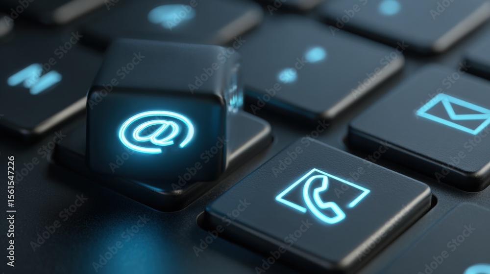 Poster close-up of illuminated communication icons on a modern computer keyboard for technology concept.