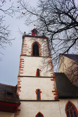 Tower of St. Leonhard Church. It is a Protestant Reformed church in the city of Basel, Switzerland
