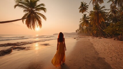 Serene woman walking along tropical beach at sunset with palm trees and ocean view.