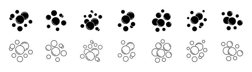 Bubble icon set. Soap foam, oxygen bubble, effervescent effect line icons set.