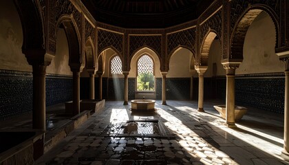 Fototapeta premium Intricate arches and bathing pools of ancient islamic architecture illuminate a serene space