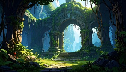 Ancient Jungle Ruins: A Serene Digital Painting