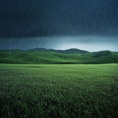 Lush green field under a stormy sky with rain.