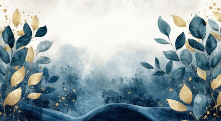 Elegant teal and gold foliage background with watercolor effect.