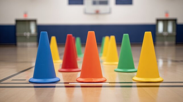 Colorful Plastic Cones for Sports Training Arrangement on Indoor Basketball Court.