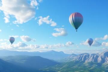 Fototapeta premium Transparent 3D balloons soaring over a scenic mountain horizon, animation still