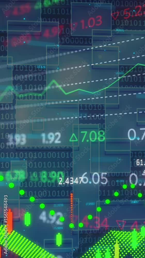Poster animation of financial data processing over black background