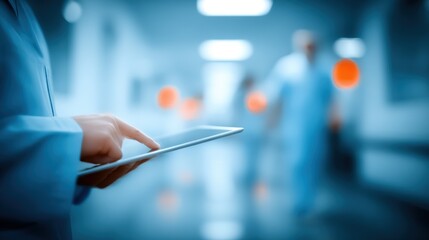 Medical Professional Using Tablet in Modern Hospital Corridor with Blurred Background.